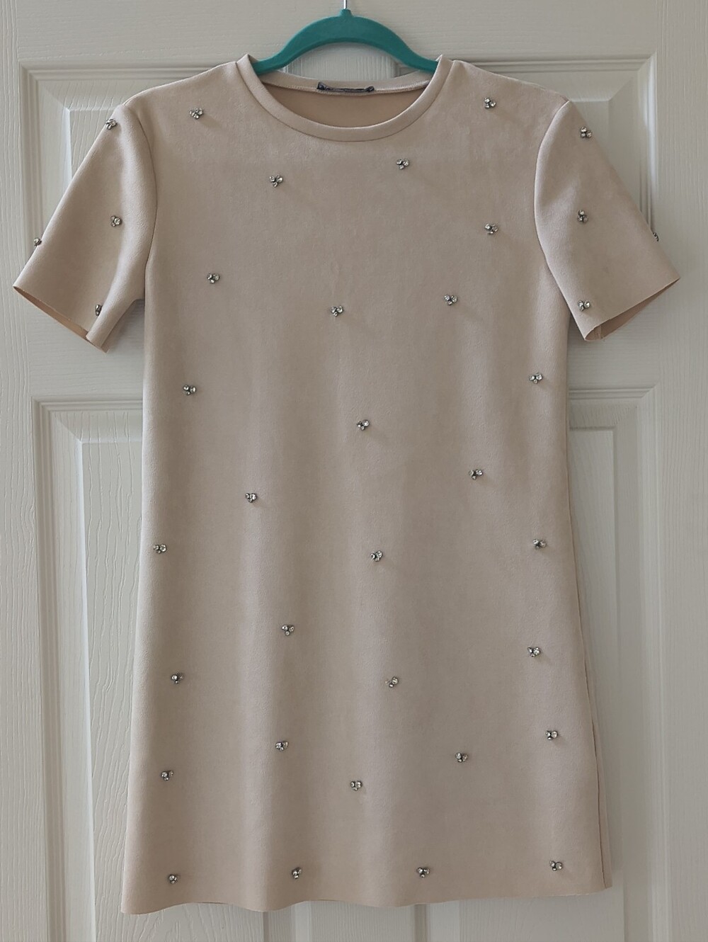 Zara Faux Suede Beige Bedazzled Shirt Dress | Size XS